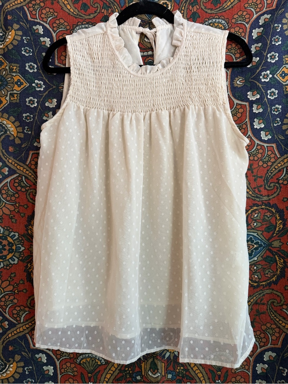 Cream Sleeveless Swiss Dot Tank Top with Smocked Yoke
